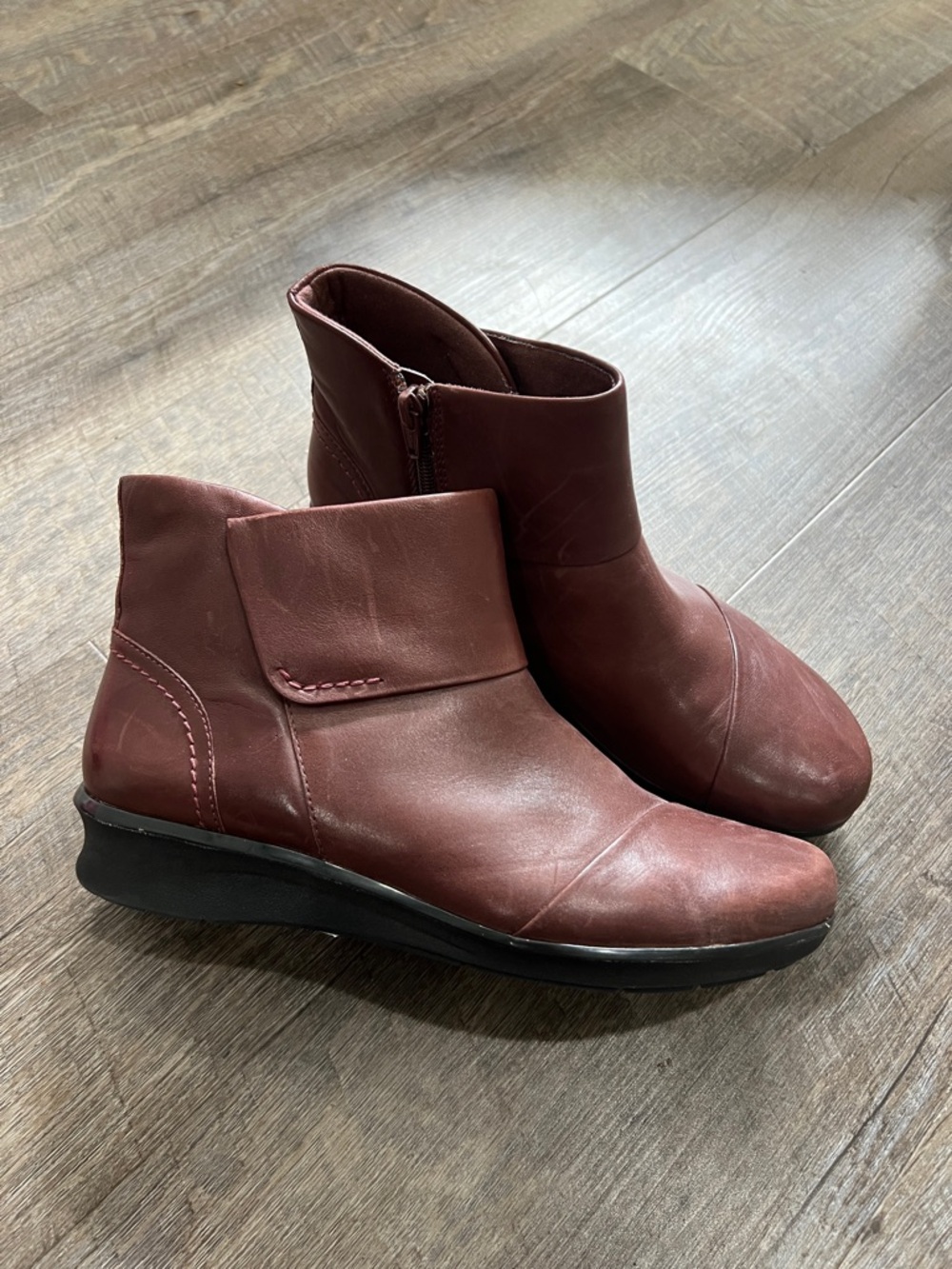 Clarks Burgundy Leather Ankle Booties with Side Zip